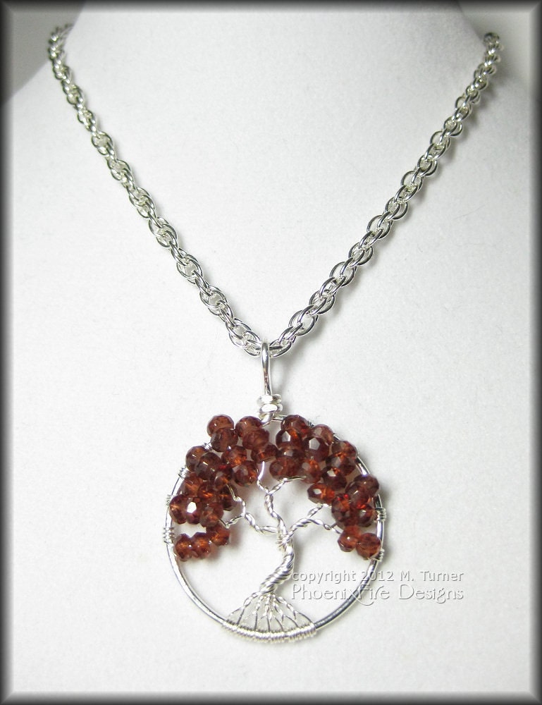 January Tree - Garnet Tree of Life Pendant in Sterling Silver Wire Wrapped January Baby Birthstone Birthday Gift