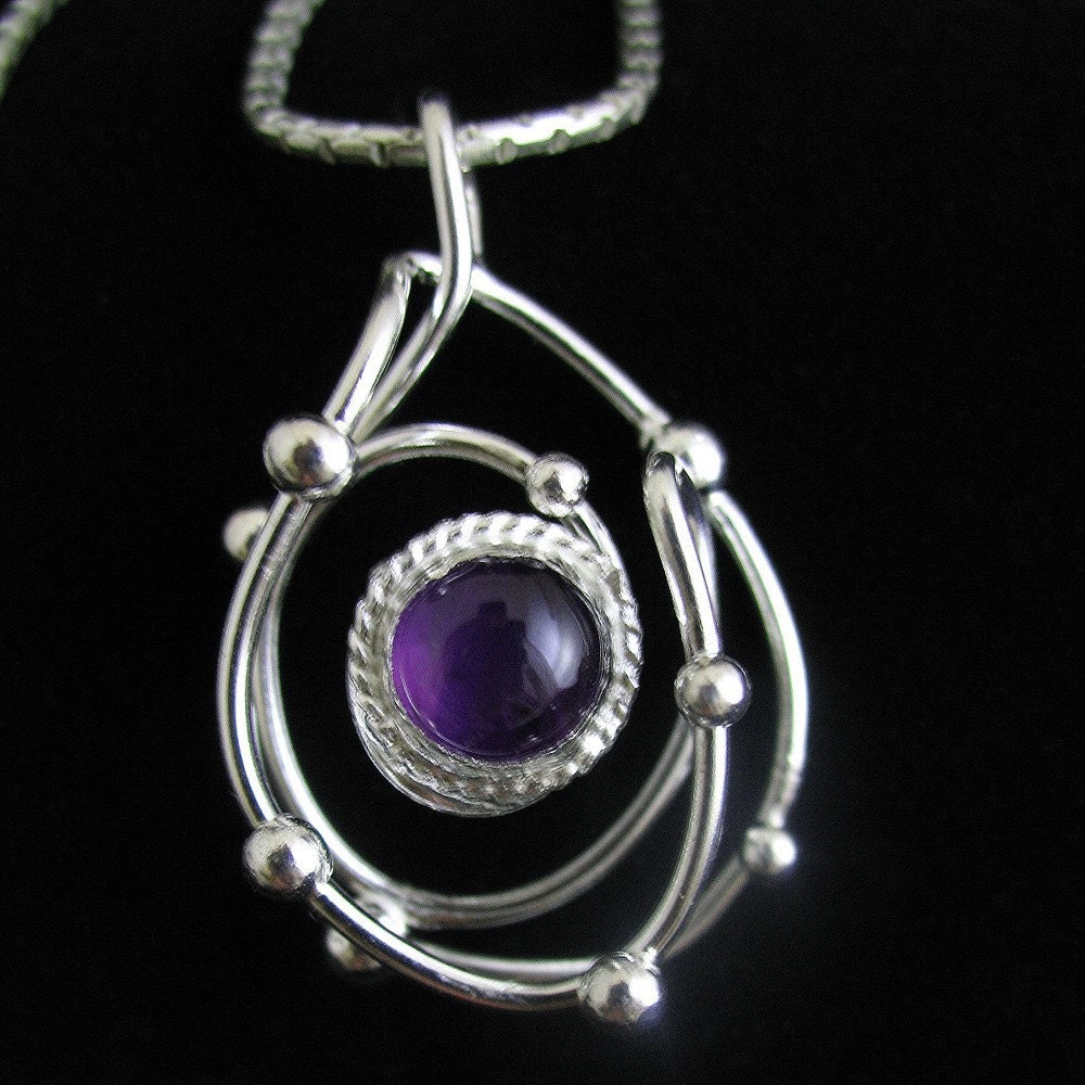 Amethyst Wire Wrap Sterling Silver Swirl Celestial Pendant with Sterling Bead Work and 18 Inch Box Chain