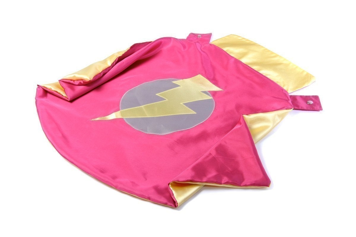 Girl Superhero Cape by Little Hero Capes - Hot Pink and Yellow - Super Hero Lightening Bolt Design