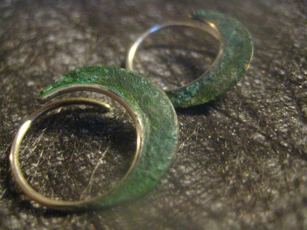 SALE small blade hoop earrings with blue green patina