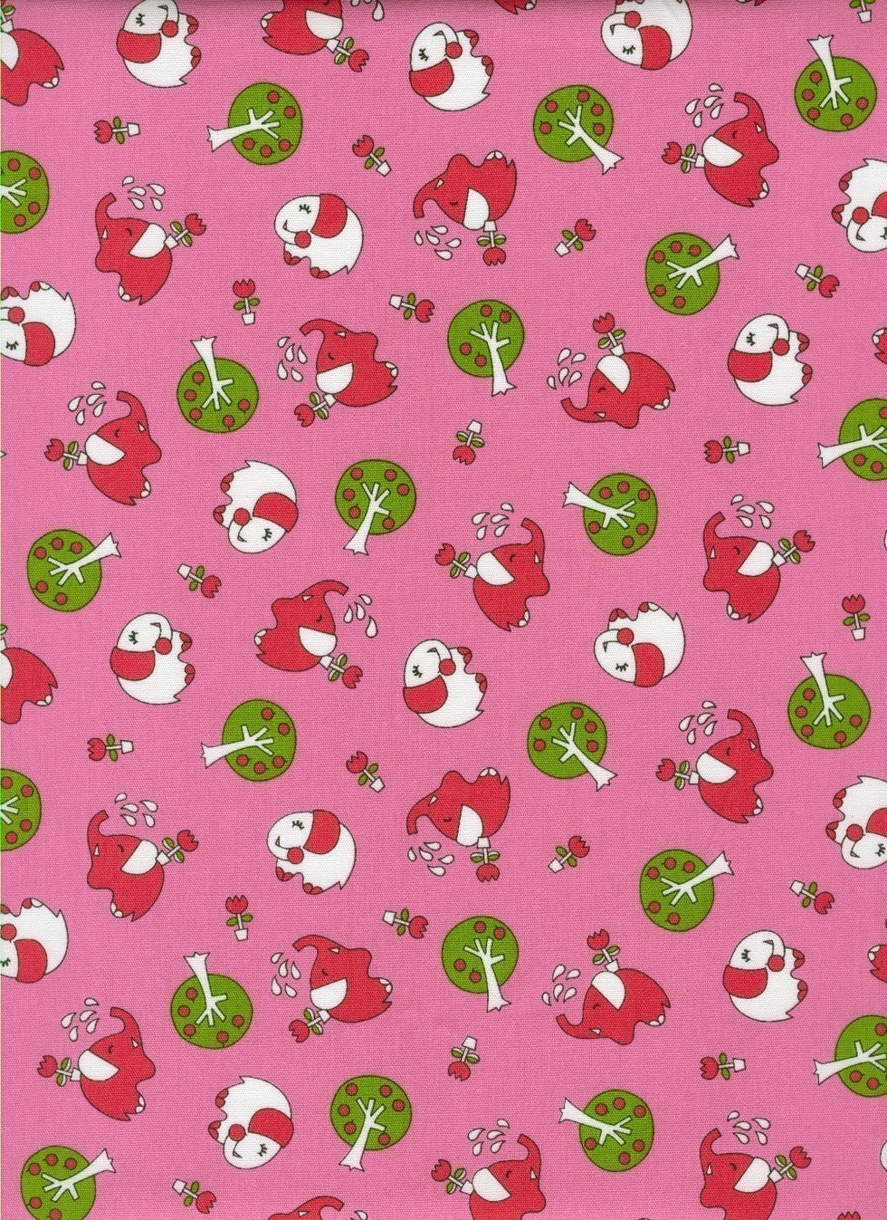 Cute White and Red Elephants on Pink - Japanese Fabric Half Yard