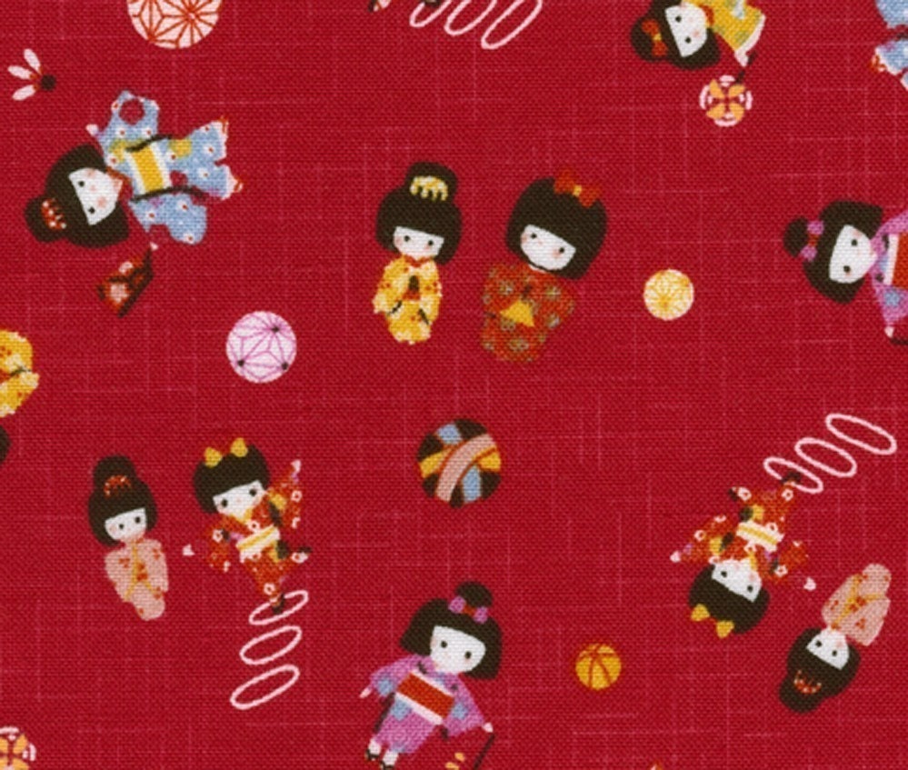 Playing Kimono Girls in Red - Japanese Fabric Kawaii, FQ