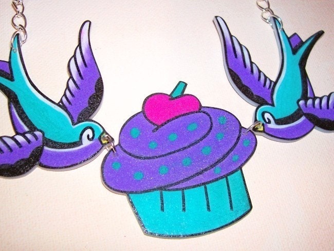 shades of purple and teal cupcake sparrow necklace