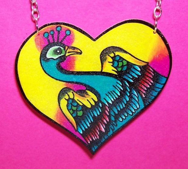 colorful peacock heart necklace