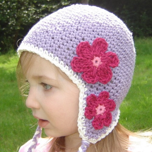 Children's Daisy Earflap Beanie - violet, vanilla, rose pink, cranberry