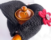 Modern Knit Tea Cosy - black with scarlet red flower embellishment - custom and handmade for you