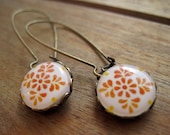Mexican earrings, Talavera ceramic tile design cabochon, handmade, Antique oxidized brass kidney wires, long dangle earrings, made to order