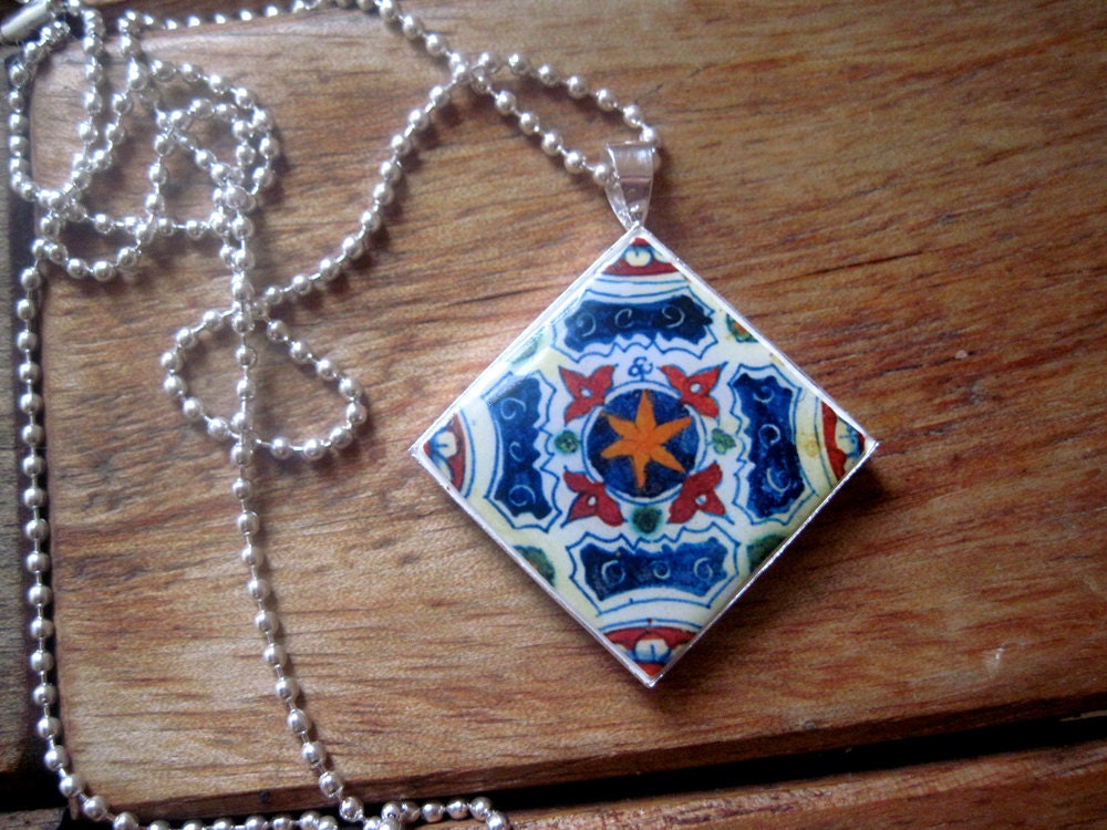 Cinco de Mayo Statement pendant, Mexican Talavera ceramic tile mural design diamond necklace, silver overlay, Mission style, Mexican jewelry
