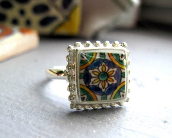 Ring, Portugal, Spain, Mexico, Mediterranean ceramic tile design ring, Sterling silver, sizes 6, 7, 8, 9, and 10, free gift wrap