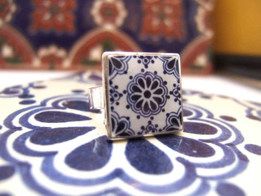 Mexican Ring, Talavera tile miniature, sterling silver, adjustable, Southwest chic, Day of the dead, Dia de los Muertos jewelry