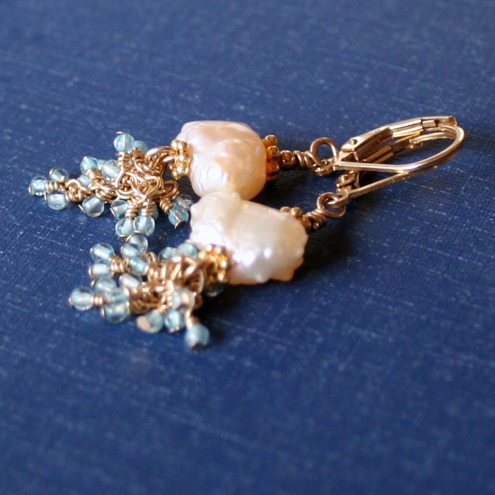 Blue Topaz and Rosebud Druzy Pearl Earrings, Blue Topaz and Pearl Earrings, Bridal Earrings, Wedding Earrings, Leverback Earrings