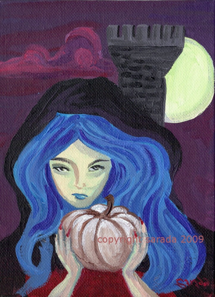 Halloween art, Blue Ghost girl with white pumpkin, original painting