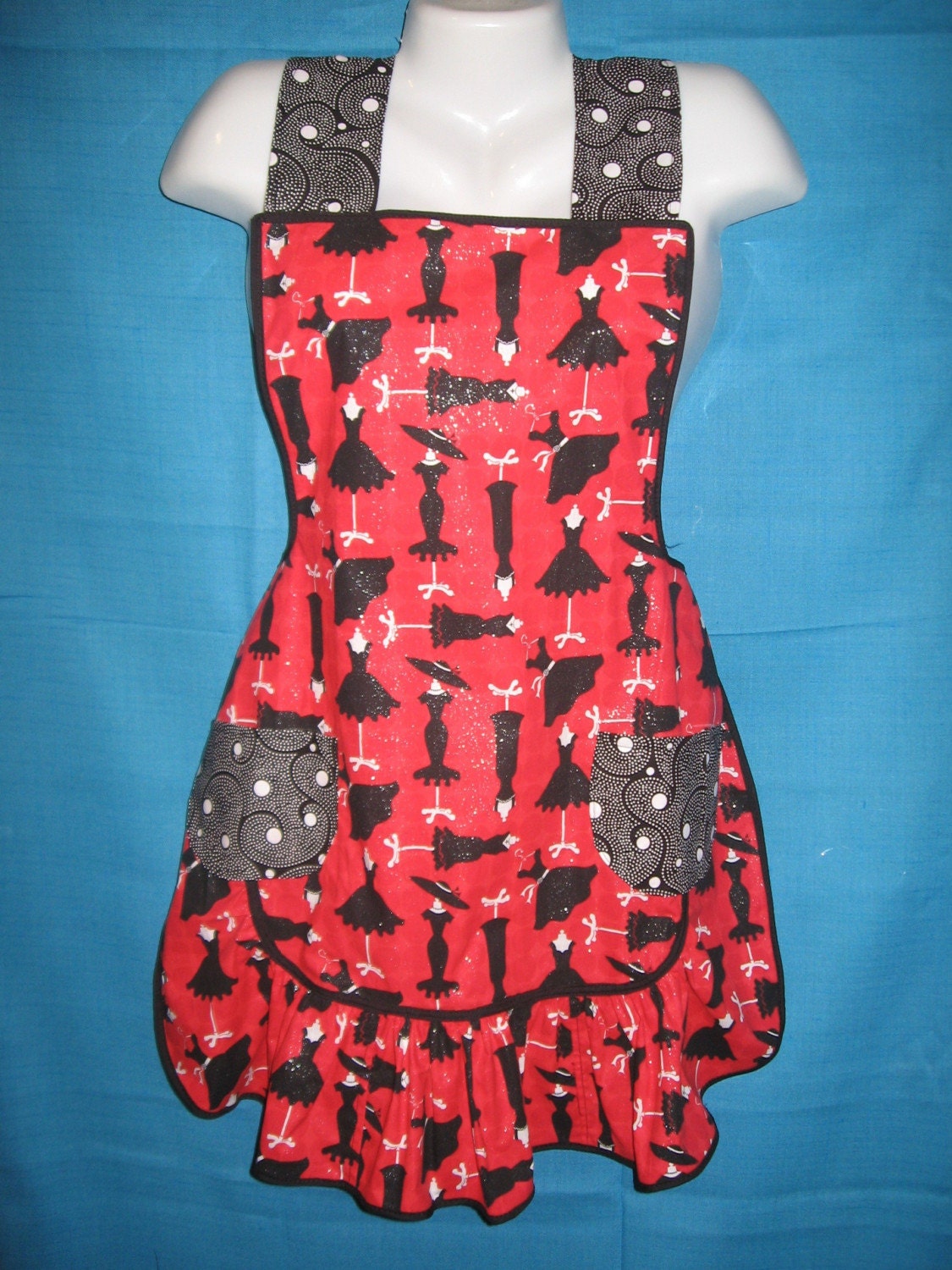 Red Roxy Retro Apron with polka dot trim (black swirl fabric out of stock)