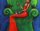 Woman Cat and Wine Art Print by Shano