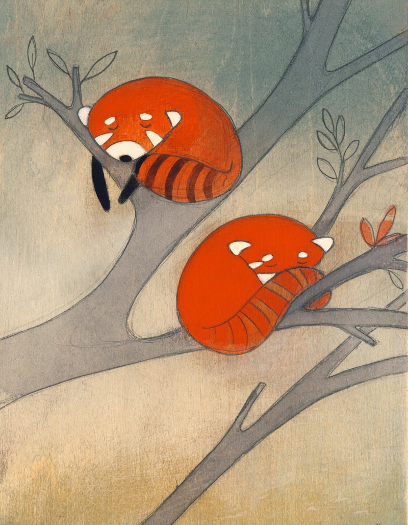 Sleepy Little Red Pandas - Signed Art Print