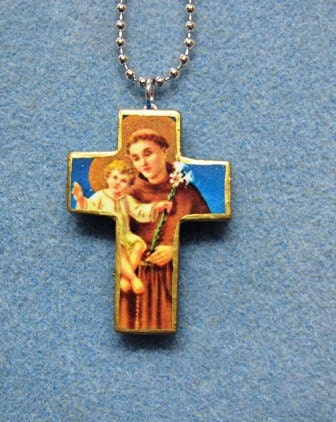 Saint Anthony of Padua Catholic Handmade Wooden Crucifix Cross Art Necklace FREE US SHIPPING