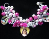 St. Therese Lisieux Pink White Pearls Roses Cross Charm Bracelet Earrings Set
