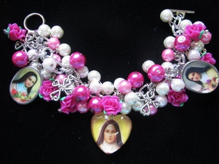 St. Therese Lisieux Pink White Pearls Roses Cross Charm Bracelet Earrings Set