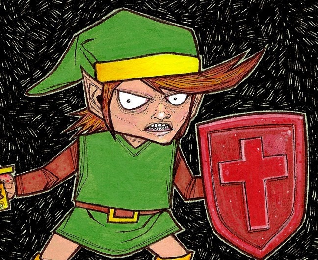 LInk is a Blood Hungry Maniac nostalgia geek pop culture Nintendo Zelda video game eighties full color drawing art print