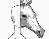 Zombie Unicorn Mask two color animal mask anthropomorphic undead zombie horror scary creepy walking dead unicorn drawing art print