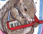 Squirrel with a Keytar woodland wildlife full color drawing art print cute whimsical kawaii critter synthesizer