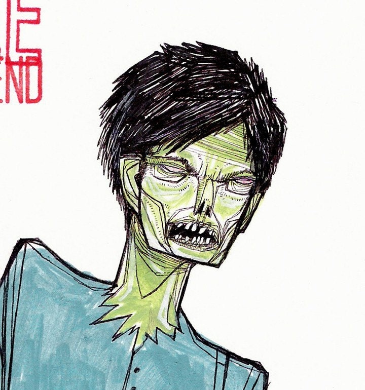 Zombie Quick Drawing undead ghoul horror guy man creepy walking dead zombie scary cut paper full color drawing sketch art print