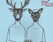 Two Deer Mask woodland wildlife animal forest buck doe anthropomorphic mask two color drawing print