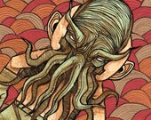 Cthulhu Mask Boy full color H.P. Lovecraft horror animal fantasy mask anthropomorphic sea monster ocean nautical art print poster