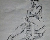 Affordable Figure Drawing, Female Nude Seated on Footstool, Drawn from Life
