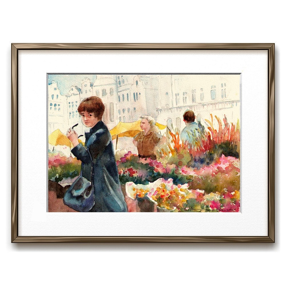 Original Watercolor Painting, An American Tourist in Brussels, Free Mat, Ready to Frame 9 x 12