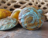 Organic handmade patinated copper jewelry findings. Artisan wood textured 32mm discs verdigris patina. AGB Deo 2 Pieces. Made to order.
