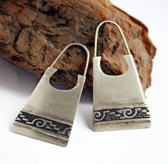Tribal Earrings in Sterling Silver with Textured Band - Ethnic Earrings - Indian Earrings