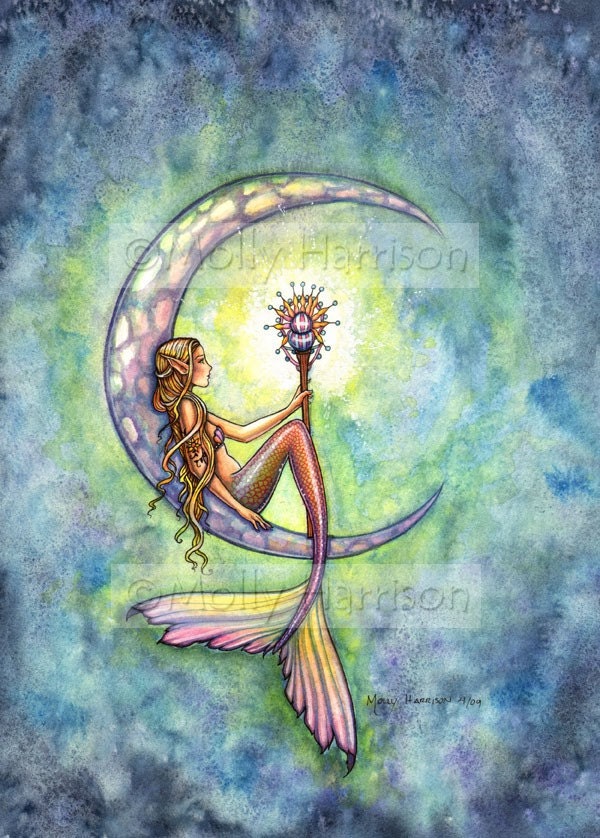 Mermaid Art Fantasy Print by Molly Harrison 8 x 10  'Mermaid Moon'