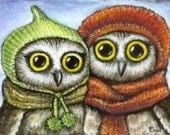Two sisters - cute owls in knitted hats - 5x7 PRINT of an original oil pastel painting by Tanya Bond