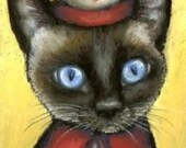 Portrait of a very hard working nurse cat exhausted after a night shift at a busy hospital - 5x7 PRINT of painting by Tanya Bond