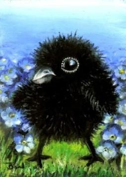 Baby raven among forget-me-nots - 5x7 print by Tanya Bond - perfect for nursery room or playroom