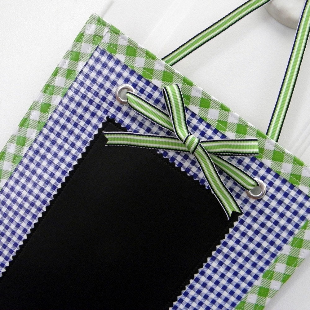Knob Notes (Blue & Kiwi Gingham): Reversible Chalkboard / Memo Board - oilcoth and chalk cloth - SALE take 20% off