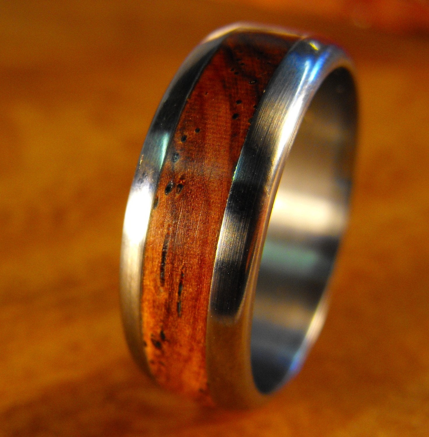 Titanium Wedding Ring with Cocobolo Wood Inlay (rounded profile)
