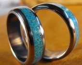 Titanium and Turquoise Inlay Wedding Band Set (custom engraved)