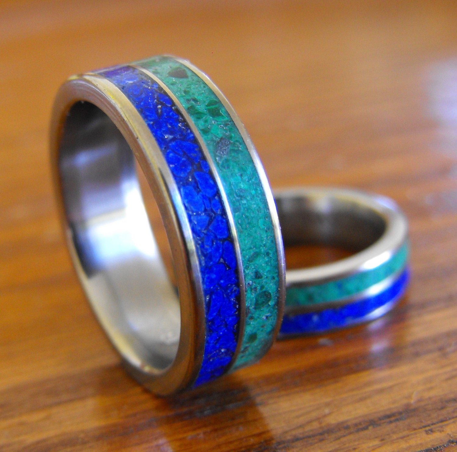 Titanium Wedding Band Set- Double Stone Inlay