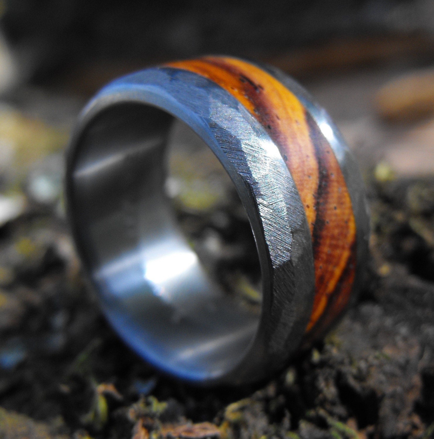 Rough Titanium and Wood Inlay Ring