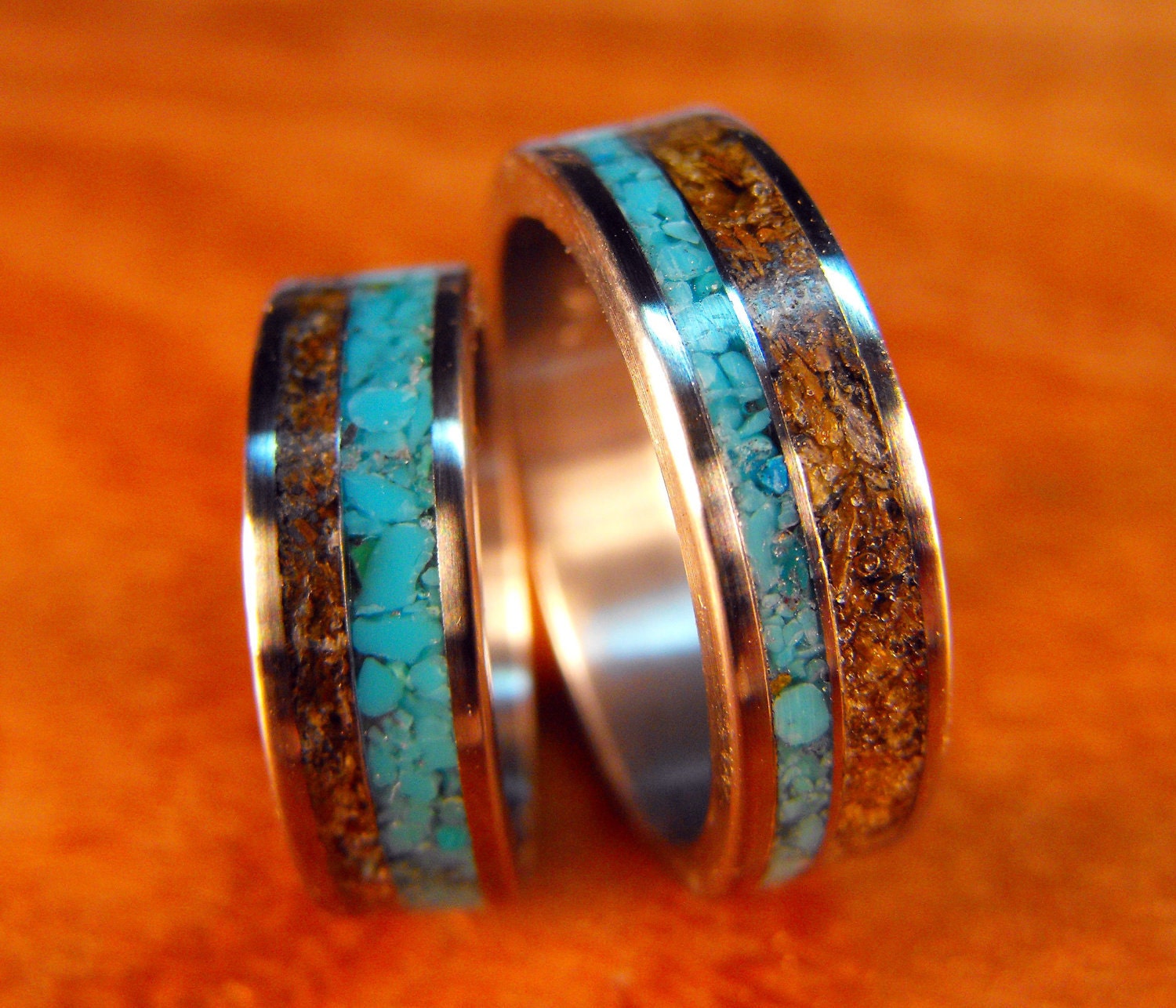 Titanium Wedding Band Set- Turquoise and Tigerseye Stone Inlays