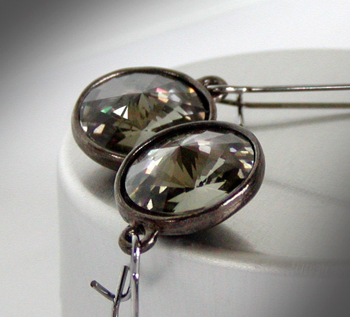 Black Diamond Crystal Earrings - Swarovski Crystal Jewelry, Gunmetal Hooks