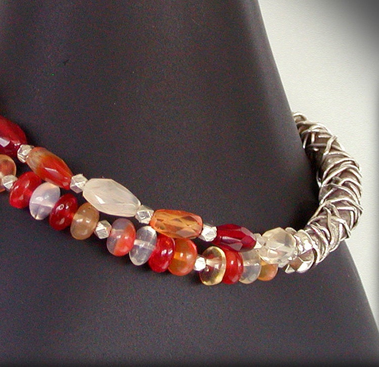 Opal Bracelet - Multi Strand Fire Opal with Wirework in Fine Silver