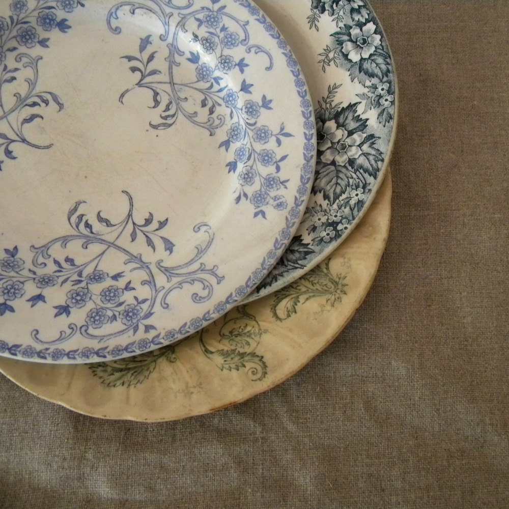 French vintage plates, blue and white, with birds and flowers