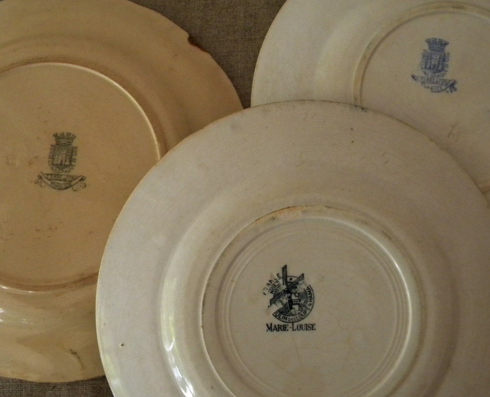 French vintage plates, blue and white, with birds and flowers