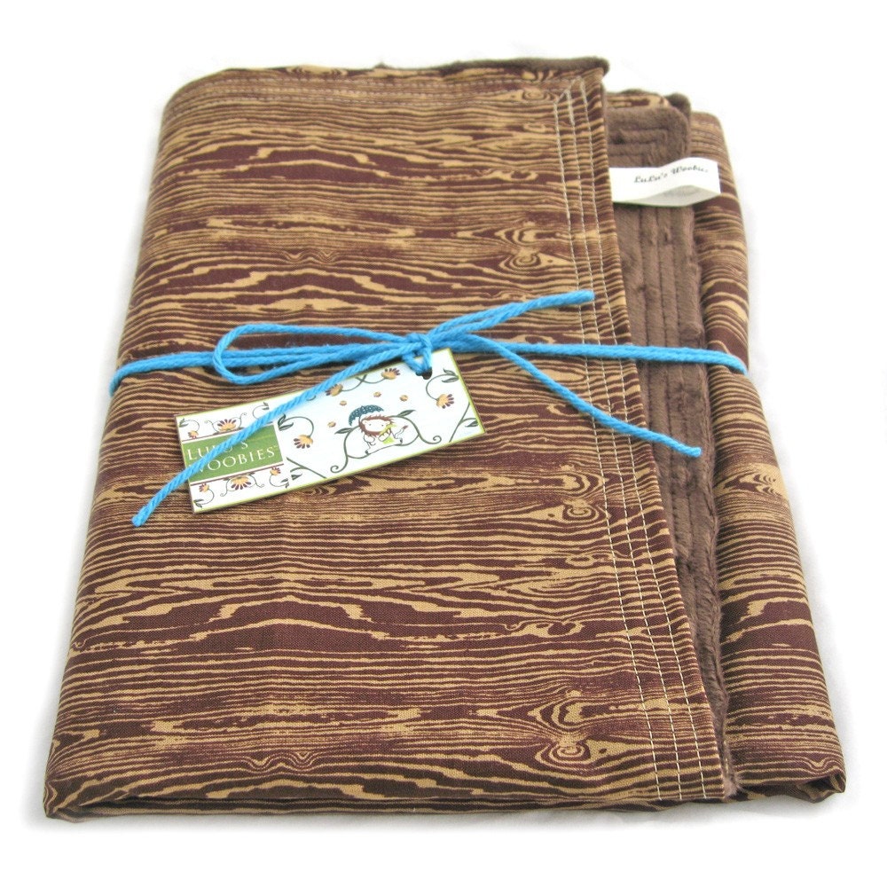 Chocolate Woodgrain Baby Woobie Blanket Faux Bois and Brown Minky Chenille