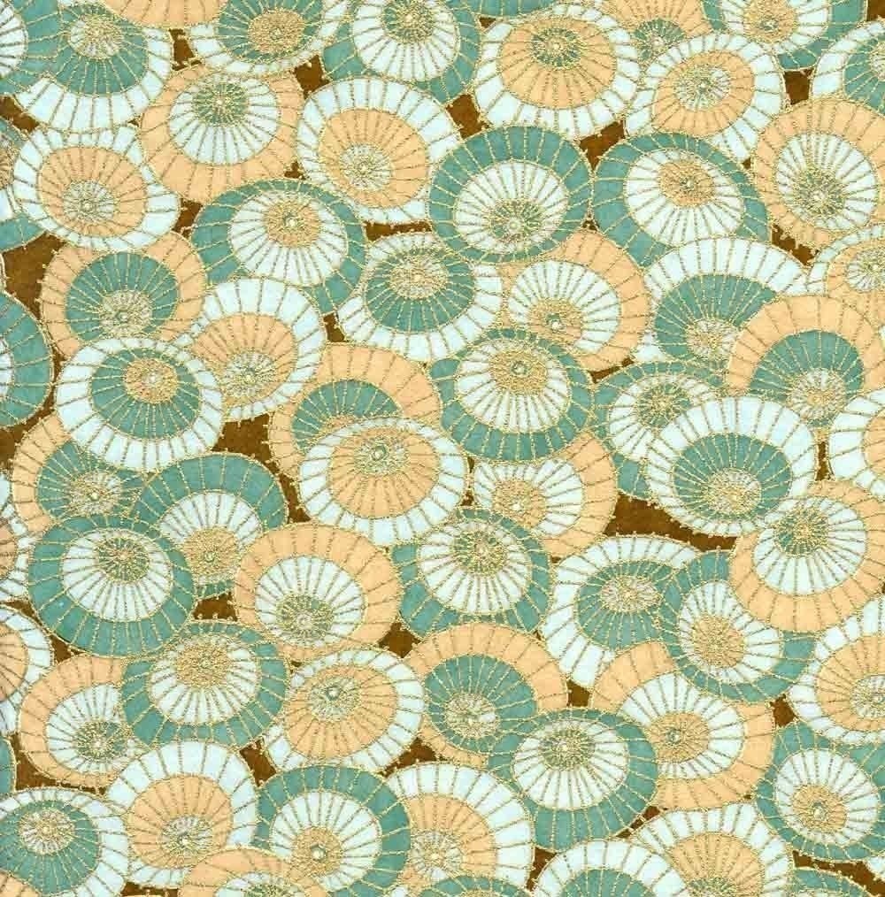 Chiyogami or yuzen paper - rainy day umbrellas - aqua and pale blue with gold, 9x12 inches
