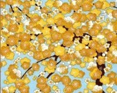 Chiyogami or yuzen paper - cherry blooms - yellow and french blue, 9x12 inches
