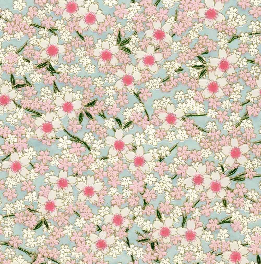Chiyogami or yuzen paper - full bloom cherry blossoms - pink and white on blue, 9x12 inches